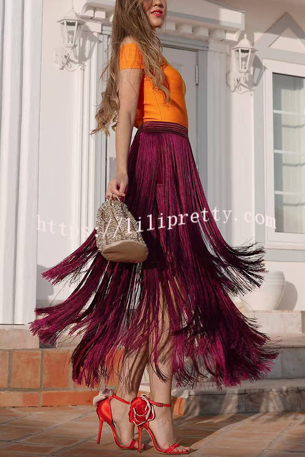 Elegant Tassel Hem Elastic Waist Casual Maxi Skirt