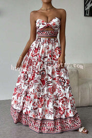 Floral Print Cutout Bandeau Top and Elastic Waist Full Maxi Skirt Set