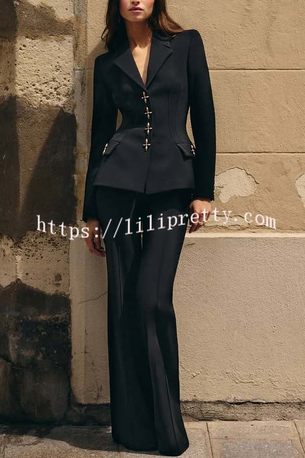 Women Power Metal Cross Snap Button Long Sleeve Lapel Blazer