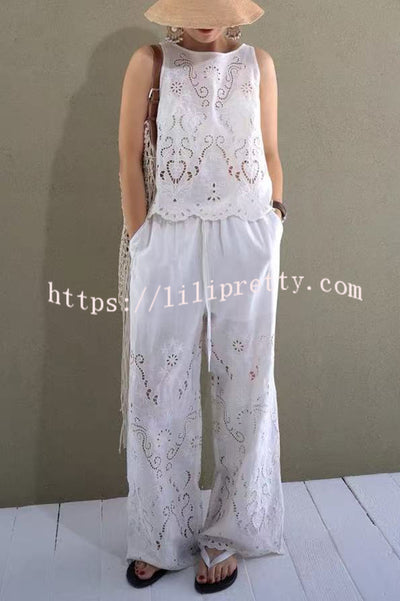 Linen Blend Solid Color Embroidered Hollow Loose Vest and Elastic Waist Casual Pocket Wide Leg Pants Set