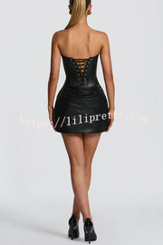 Palmer Faux Leather Pleated Off Shoulder Neck Slit Stretch Mini Dress