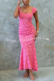 Unreal Beauty Floral Textured Material Ruched Fishtail Maxi Dress