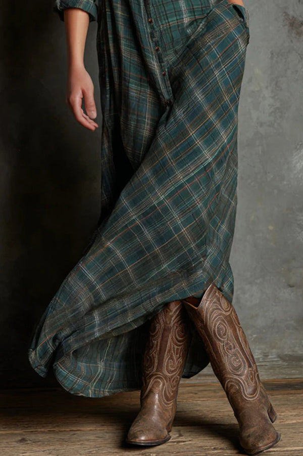 Plaid Print Lapel Long Sleeve Casual Pocket Single-Breasted Maxi Dress
