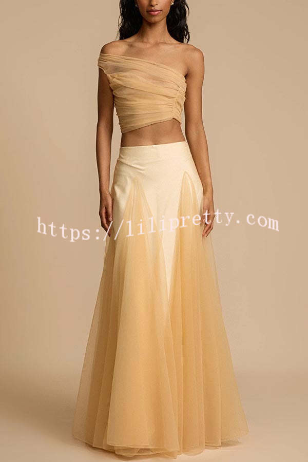 Romance Factor Semi-sheer Tulle One Shoulder Ruched Crop Top