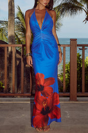 Floral Print Sexy Halterneck Open Back Pleated Slim Maxi Dress