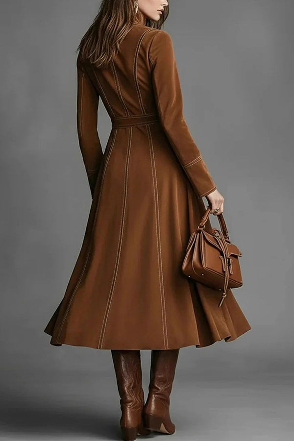 Stylish Suede Long-sleeved Fitted Waist Belted Midi Dress
