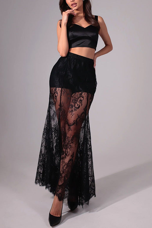 Perfect Party Lace Elastic Waist Contains Lining A-line Maxi Skirt