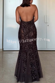 Twilight Gleam Sequin Textured Tulle Hem Halter Backless Maxi Dress