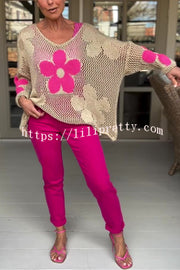 Embroidered Flower Hollow Long-sleeved Holiday Loose Knitted Top