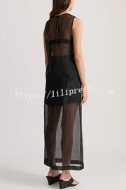 Embraces Modern Sheer Organza Pocket Oversized Tank and High Rise Slit Midi Skirt Set