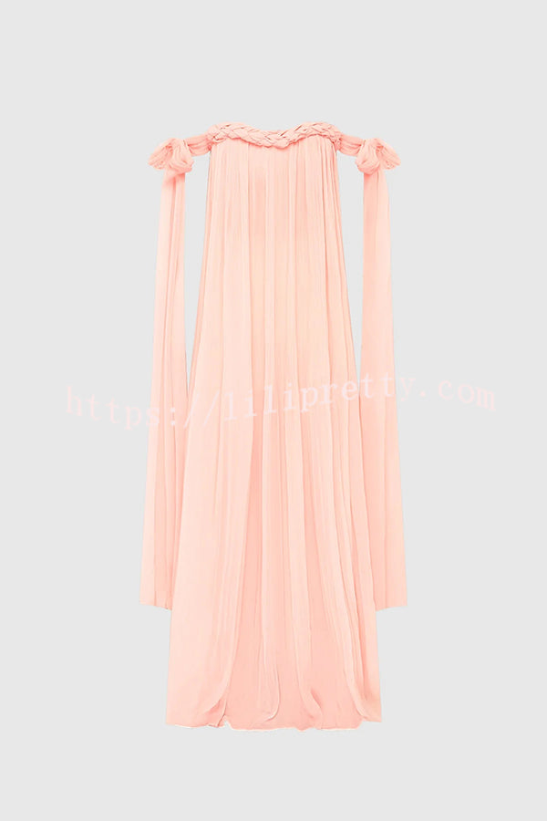 Fairy Spirit Tulle Braided Neckline Tie Arm Straps Pleated Maxi Dress