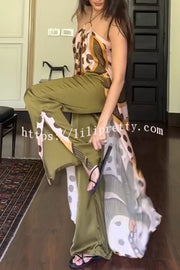 Junea Satin Polka Dot Unique Print Ring Halter Slit Midi Top and Elastic Waist Pocket Pants Set