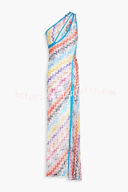 Ivanie Knit Colorful Zigzag Pattern One Shoulder Cutout Slit Maxi Dress