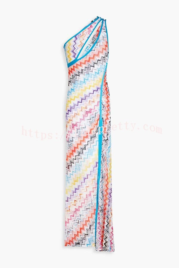 Ivanie Knit Colorful Zigzag Pattern One Shoulder Cutout Slit Maxi Dress