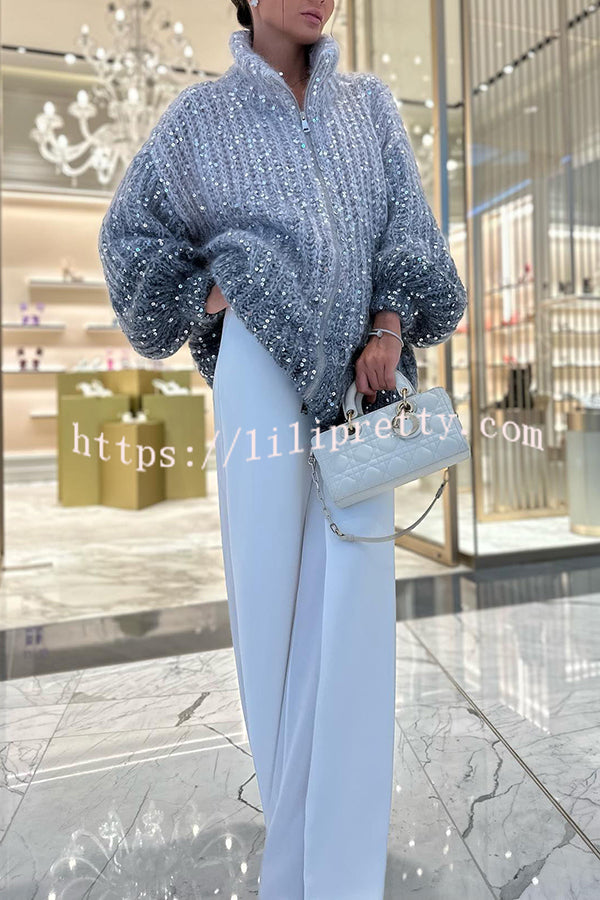 Lilipretty Warm Shining Heart Knit Sequin Balloon Sleeve Zipper Neck Loose Cardigan