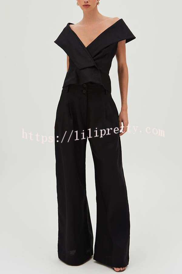Velena Linen Blend Button Up Lapel Top and High Rise Pocket Wide Leg Pants Set