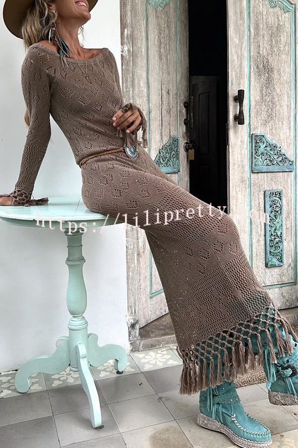 Lilipretty Bailey Knit Long Sleeve Pattern Hollow Out Tassel Trim Maxi Dress
