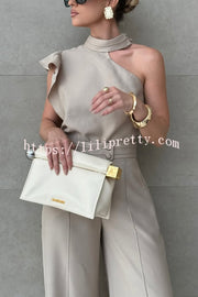 Fashionable One-shoulder Ruffled Top and Casual Simple Straight-leg Suit Pants Set