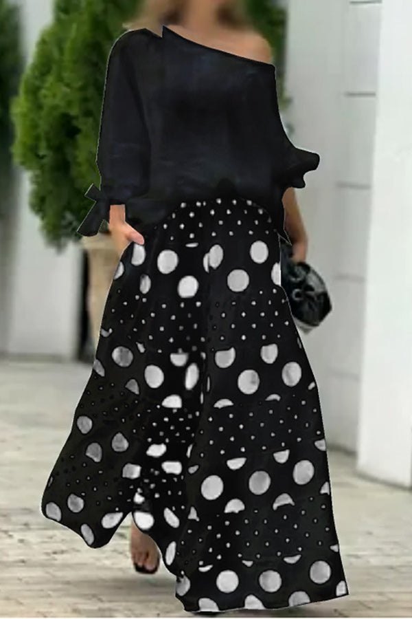 Stylish Tie-cuff Loose Top and Polka Dot Print Pocket Wide Leg Pants Set