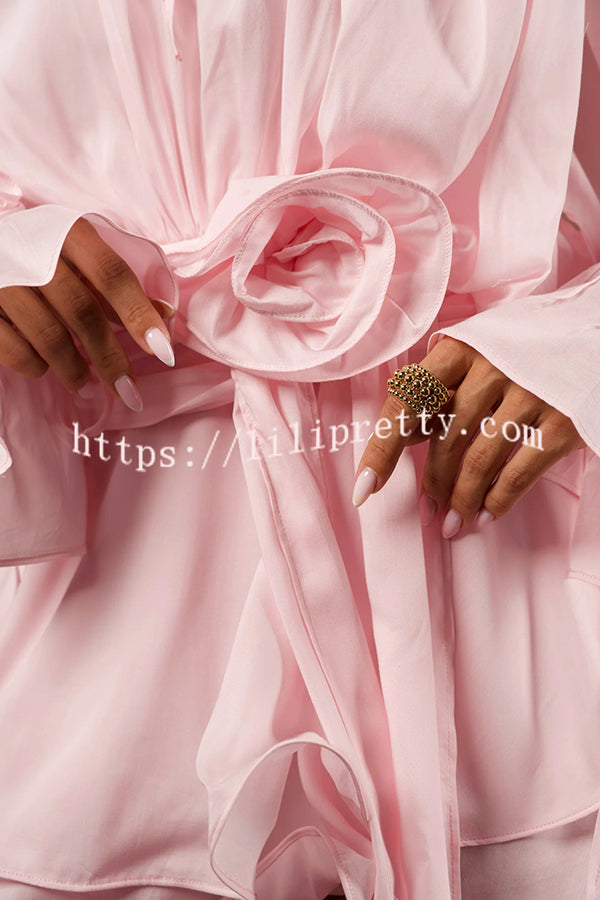 Solid Color Long Sleeve V-Neck Lace-Up Elegant Flower Decorated Mini Dress