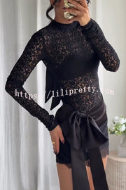 Anna Semi-sheer Lace Long Sleeve Back Bow Tie-up Cutout Stretch Bodysuit