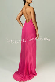 Coralie Pleated Metal Ring Halter Backless Loose Maxi Dress
