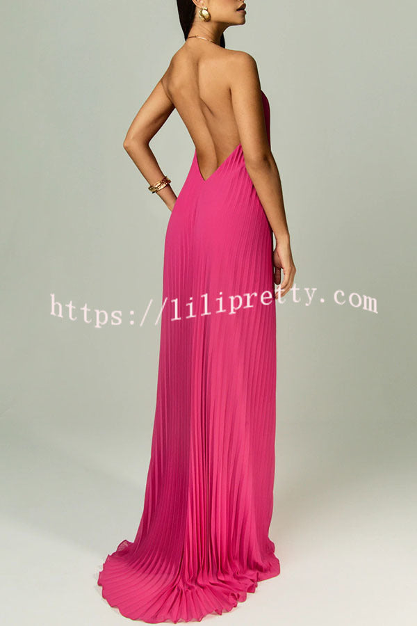 Coralie Pleated Metal Ring Halter Backless Loose Maxi Dress