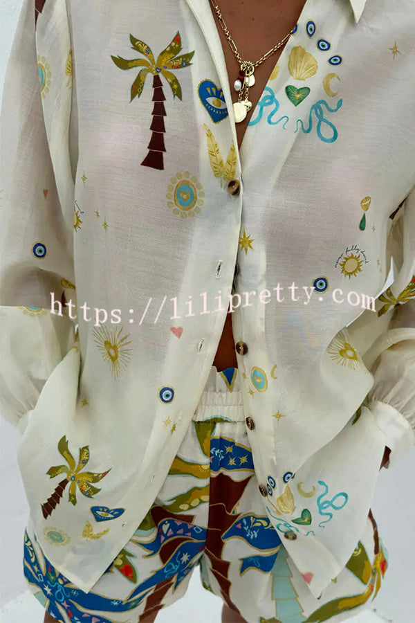 Linen Blend Resort Coconut Palm Print Long Sleeve Lapel Shirt and Elastic Waist Casual Pocket Shorts Set