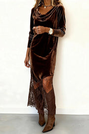 Stylish Velvet and Lace Patchwork Long-sleeved Elegant Maxi Dress