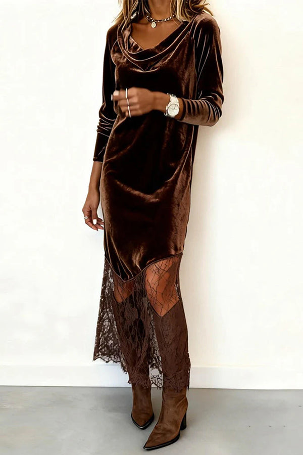 Stylish Velvet and Lace Patchwork Long-sleeved Elegant Maxi Dress