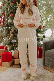 Candy Cane Cutie Loose Bow Tie Long-Sleeved Sweatshirt and Elastic Waist Pocket Pants Set