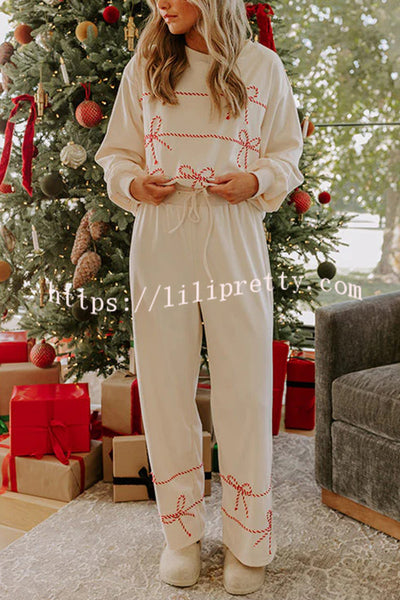 Candy Cane Cutie Loose Bow Tie Long-Sleeved Sweatshirt and Elastic Waist Pocket Pants Set