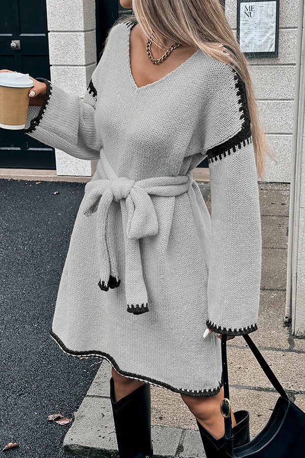 Stylish Loose-fitting Long-sleeved Tie-waist Knit Mini Dress