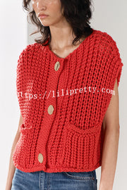 Solid Color Sleeveless Pocket Knitted Vest