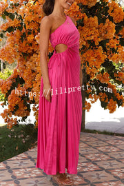 Charming One Shoulder Lace Up Cutout Pleated Maxi Dress