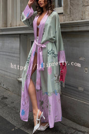 Karty Satin Unique Print Long Sleeve Belt Lapel Kimono Cover-ups