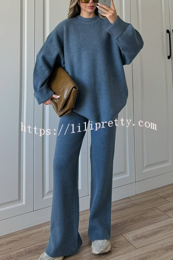 Solid Color Loose Long-sleeved Knit Top and Elastic Waist Casual Straight Leg Pants Set
