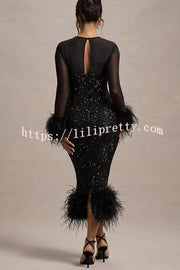 Glamor and Drama Mesh Sequin Patchwork Feather Trim Stretch Midi Dress