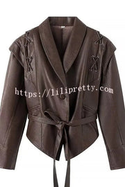 Street Warrior Faux Leather Distressed Style Lace-up Lapel Belt Oversized Jacket