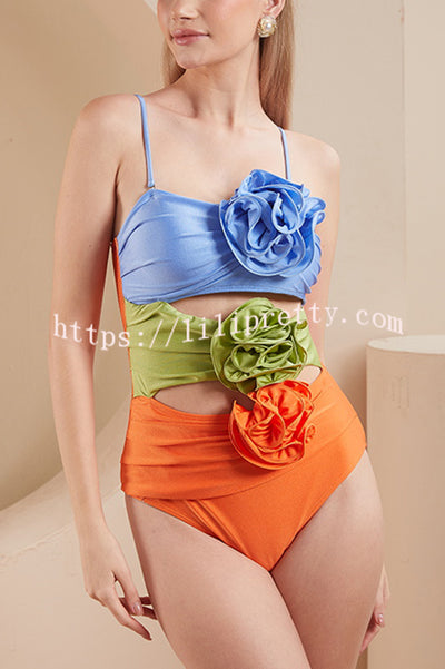 Fashionable Color-blocked Floral Decoration Hollow Stretch One-piece Swimsuit