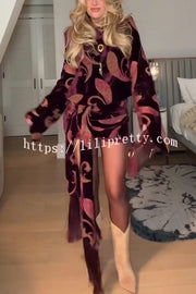 Night Out Velvet Paisley Print Long Sleeve Tie-up Tassel Loose Mini Dress