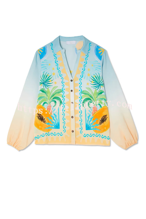 See You in Rio Tropical Fruits Print Button Long Sleeve Loose Blouse