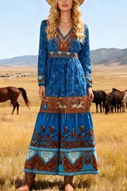 Bohemian Style V-neck Long-sleeved Casual High-waisted Maxi Dress