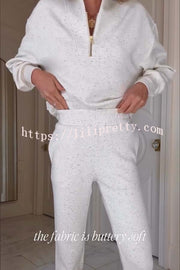 Ivory Marl Fleck Half-Zip Neck Long Sleeve Sweatshirt and Elastic Waist Pocket Jogger Set