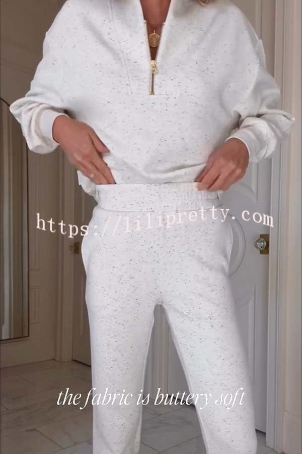 Ivory Marl Fleck Half-Zip Neck Long Sleeve Sweatshirt and Elastic Waist Pocket Jogger Set