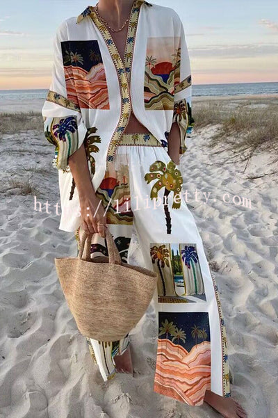 Beach Memories Palm Print Oversized Blouse and Elastic Waist Pocketed Pants Set