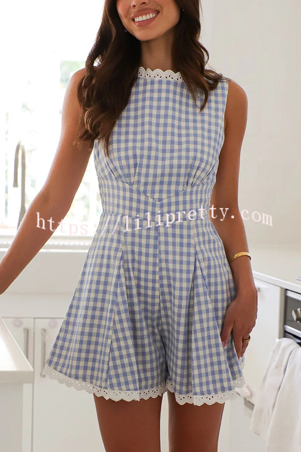 Plaid Print Sleeveless Pleated Waist Casual Rompers