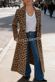Leopard Print Long Sleeve Pocket Casual Maxi Trench Coat