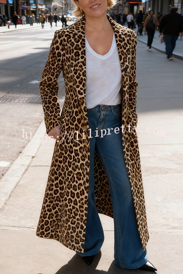 Leopard Print Long Sleeve Pocket Casual Maxi Trench Coat