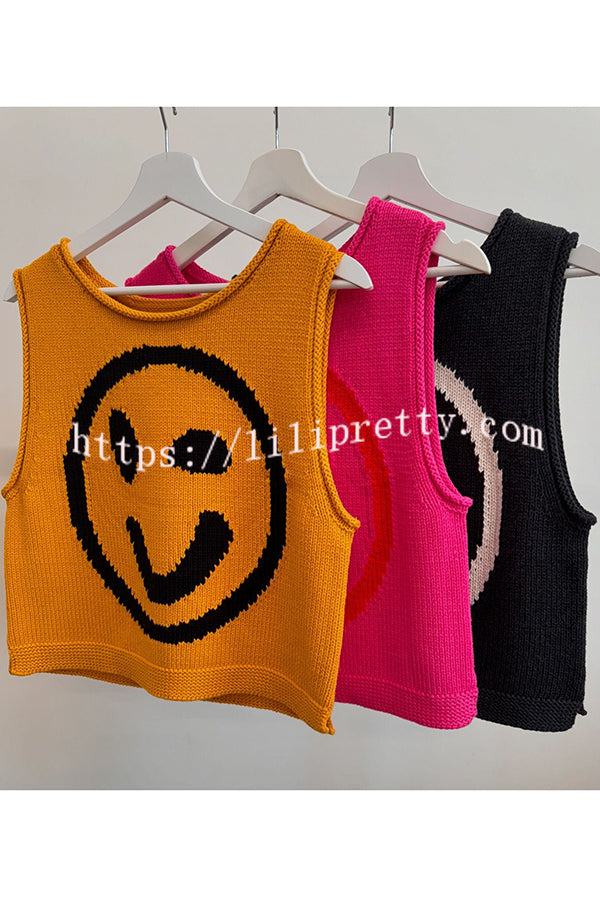 Always Happy Face Knit Unique Pattern Versatile Loose Tank Top